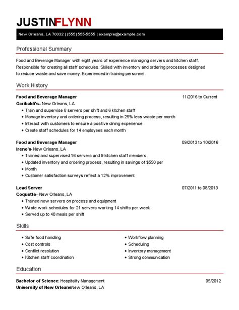 Servers often need to be strong enough to lift and carry heavy trays of food and beverages. Food & Beverage Manager Resume Example + Tips | MyPerfectResume