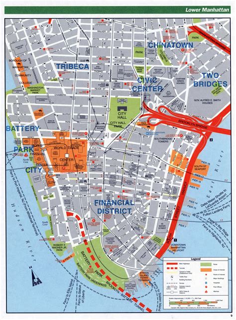 Large Detailed Road Map Of Lower Manhattan Nyc New York New York