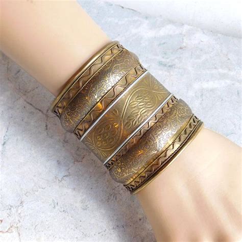 Vintage Wide Brass Cuff Bracelet Embossed W Leaves And Etsy Brass