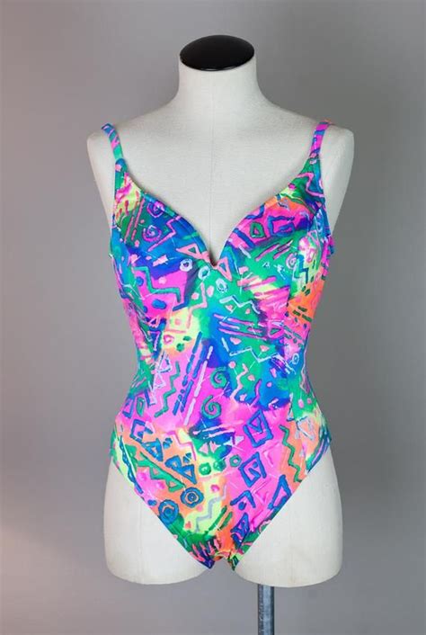 90s Neon Rainbow Bathing Suit One Piece With Abstract Swirl Etsy Uk