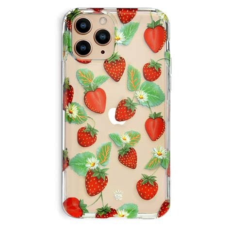 An Iphone Case With Strawberries And Daisies On The Front In Beige