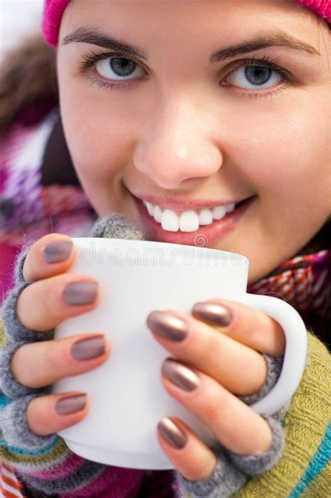 Young Beautiful Woman Holding A Cup Of Coffee Stock Photo Image Of