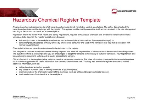 Hazardous Chemical Register Template Safe Work Australia