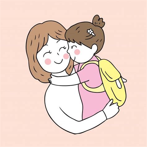 Dibujos Animados Lindo Regreso A La Escuela Madre E Hija Besándose