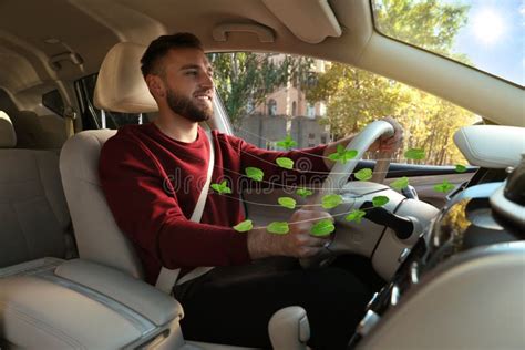 Man Enjoying Driving Car Feeling Mint Scent From Ventilation Closeup
