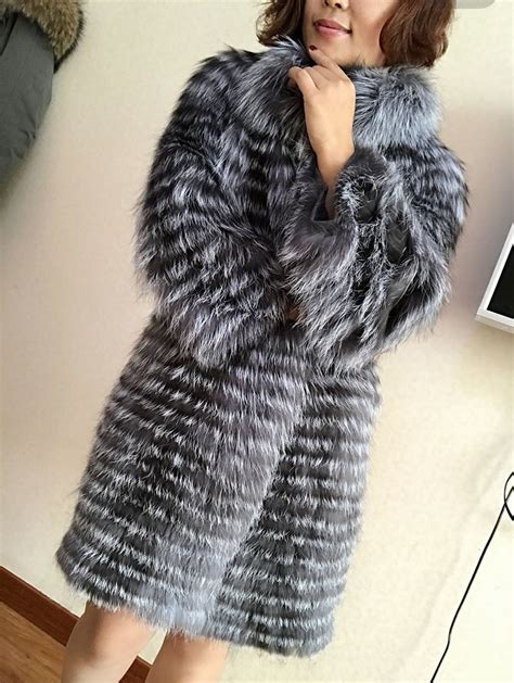 Buy Genuine Gray Silver Fox Fur Coat Long Fashion