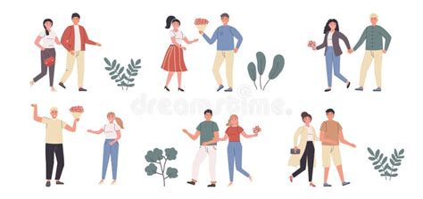 Enamored Couples Wedded Pairs Flat Vector Illustrations Set Date
