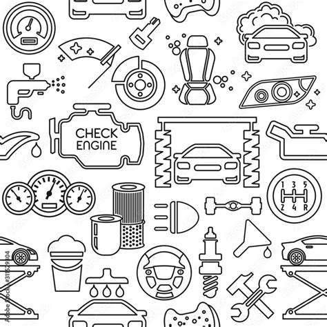 Auto Spare Parts Seamless Pattern Car Repair Icons Texture In Outline