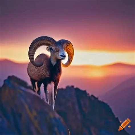 White Mouflon In The Mountain At Sunrise