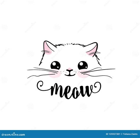 Cute Cat Vector Print Design Meow Lettering Text Kitten Face Vector