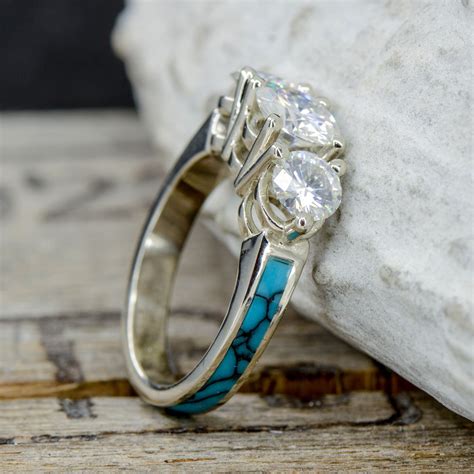 Women S Engagement Ring 3 Diamond Ring With Turquoise Etsy
