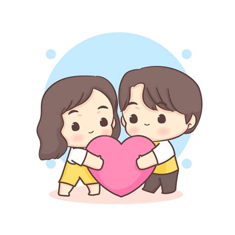 Cute Lovers Couple Holding Big Love Heart Happy Valentine Chibi