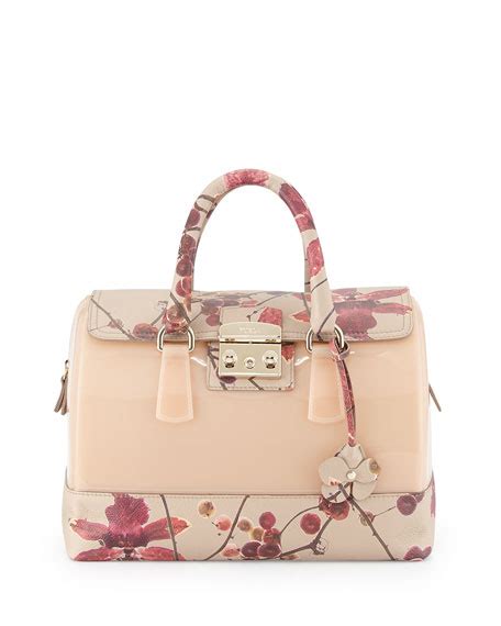 Furla Candy Floral Print Leather Combo Satchel Bag Blushberry