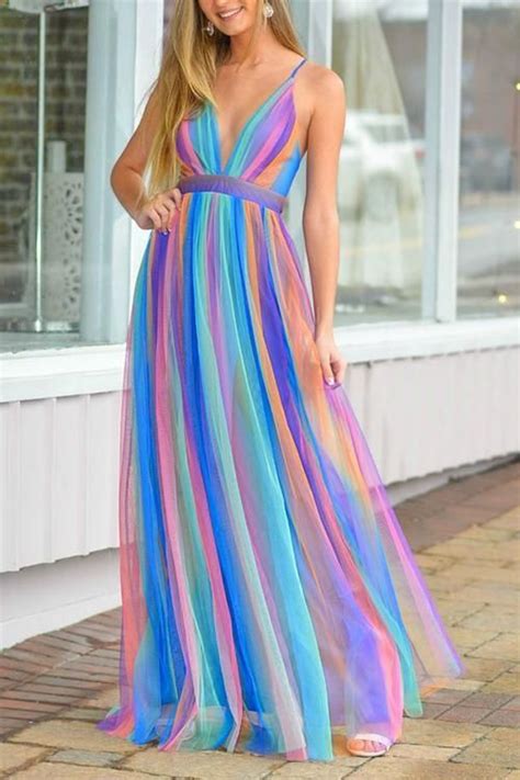 V Neck Backless Maxi Dress Backless Maxi Dresses Rainbow Dress Maxi