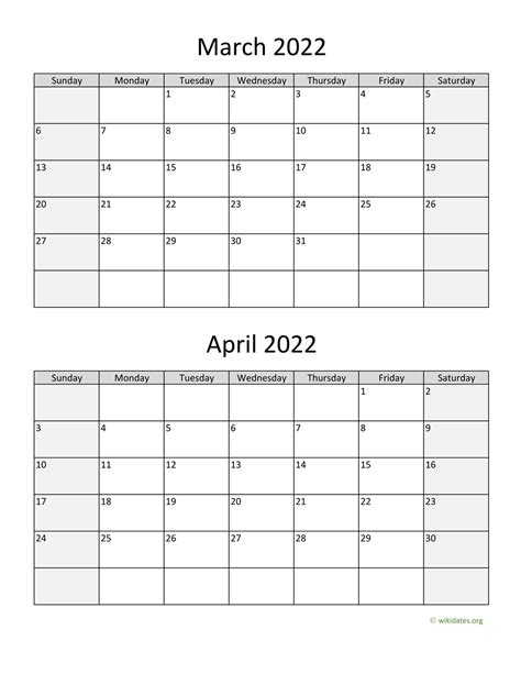 March And April 2022 Calendar