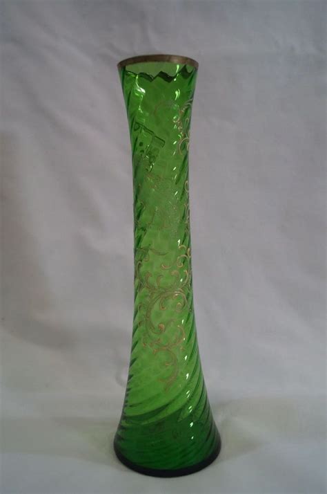 Victorian Moser Hand Enameled And Gilt Swirled Green Glass Vase With Bird Ebay Green Glass