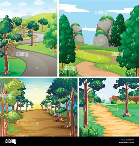 Escenas De La Naturaleza Con Caminos Y Bosques Ilustración Imagen