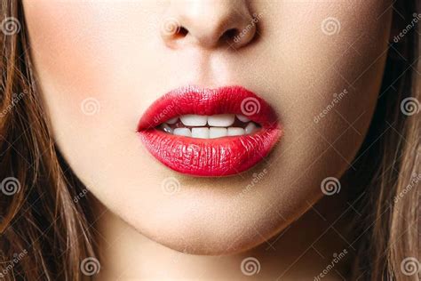 Sensual Red Lip Mouth Open Beautiful Woman Portrait Close Up Big Lips Stock Image Image Of