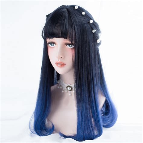 Harajuku 55cm Long Black Mixed Blue Wavy Anime Women Cosplay Full Wig Wig Cap Heat Resistant