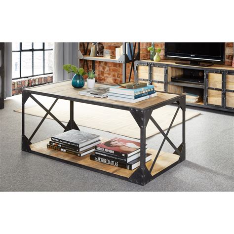 Lowell Industrial Style Metal Coffee Table With Eco Wood Top And Shelf