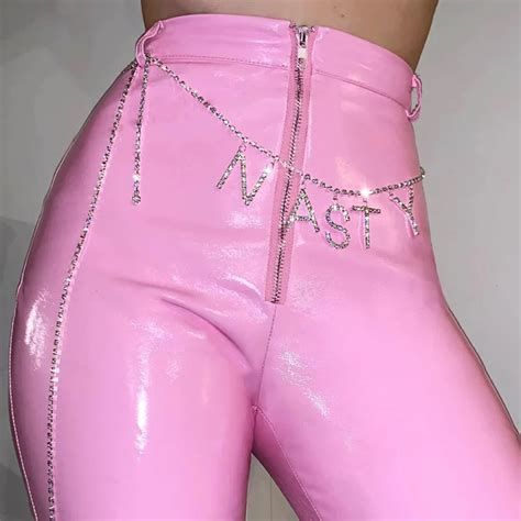 Ursohot Pink Zippers High Waist Long Pants Sexy Split Flare Pants Pu