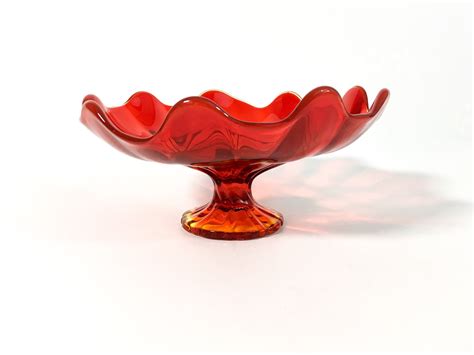 Vintage Amberina Pedestal Glass Bowl Retro Red Orange Trim Scalloped Frilled Edges Viking