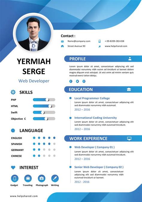 A Blue And White Resume Template With An Image Of A Mans Face On It