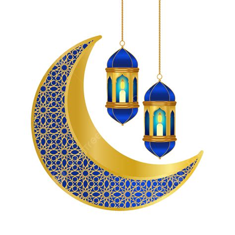 Gambar Emas Dan Biru Bulan Sabit Lentera Islam Dekorasi Ornamen Ramadan