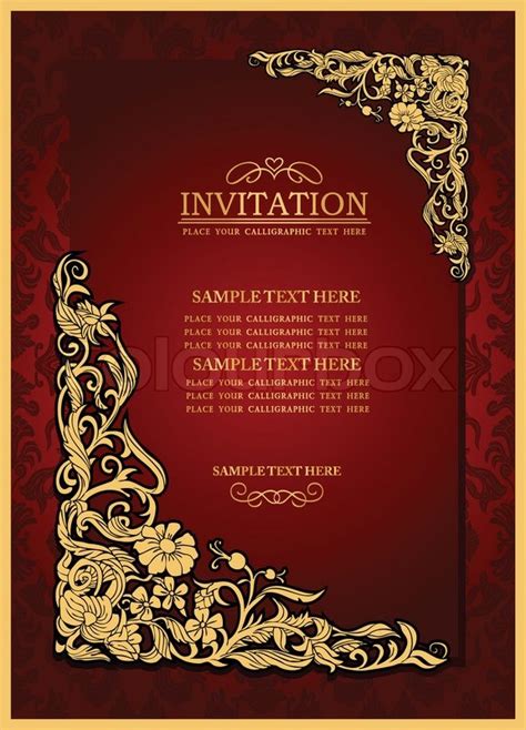 Dinner invitation background with table set. Abstract background with antique, luxury red vintage frame ...