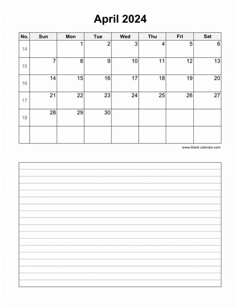 Download April 2024 Blank Calendar With Space For Notes Vertical