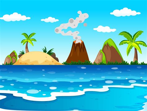 Ocean Scene With Volcano And Island Download Free