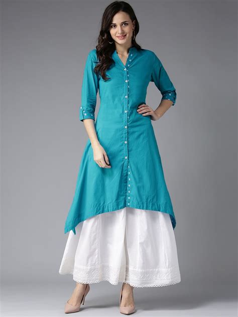 Buy Hereandnow Women Blue Solid A Line Kurta Apparel For Women From