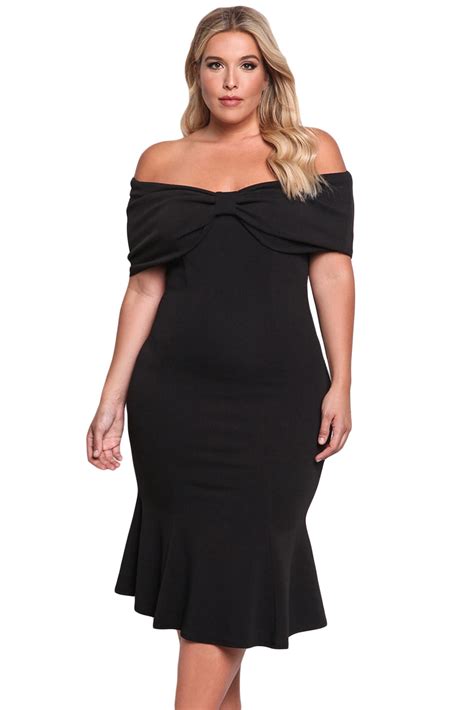 Sexy Black Plus Size Off Shoulder Mermaid Midi Dress Sexy Affordable