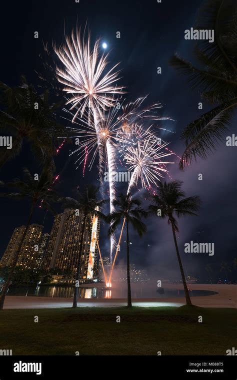 New Years Fireworks At The Hilton Hawaiian Village In Honolulu Hawaii