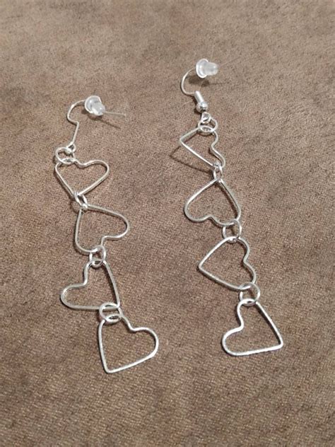 Silver Dangling Heart Earrings Etsy