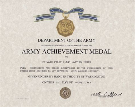 Certificate Of Achievement Army Template Army Achievement Medal