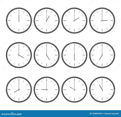 Set Of Clocks With The Times Set At Every Hour Vector Illustration