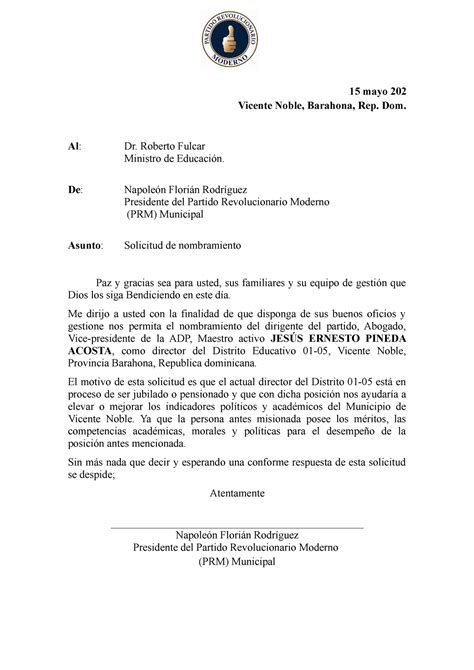 Carta De Solicitud De Nombramiento 15 Mayo 202 Vicente Noble