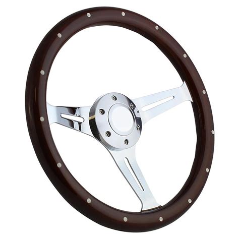 14 Inch Chrome Steering Wheel With Riveted Dark Wood Grip And Slotted