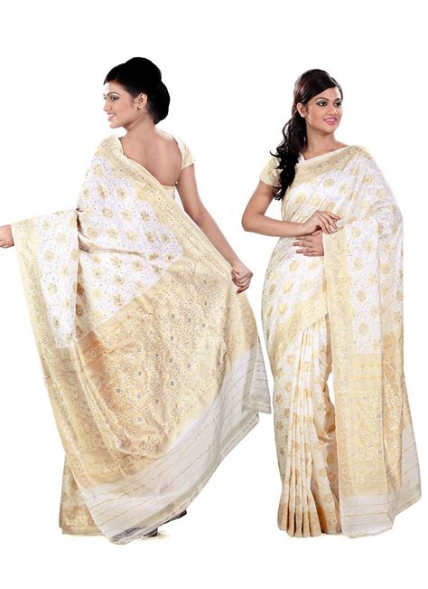 Simple White And Gold Silk Saree With Embroidery Indian Wedding