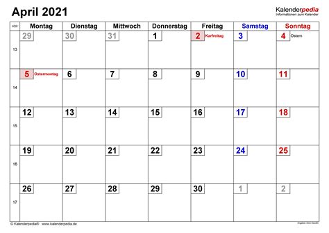 Auf dieser seite findet ihr unsere monatskalender 2019 und 2020 auf je einer din a4 seite im hochformat mit feiertagen und kalenderwochen zum kostenlosen ausdrucken. Kalender April 2021 als PDF-Vorlagen