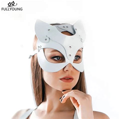 Fullyoung Sexy Woman Pu Leather Cat Mask Festival Rave Cat Head White