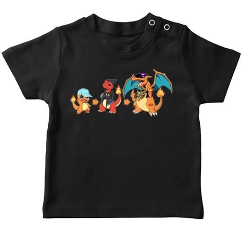 T Shirt Bébé Noir Pokémon Parodique Dracaufeu Salamèche Et Reptincel