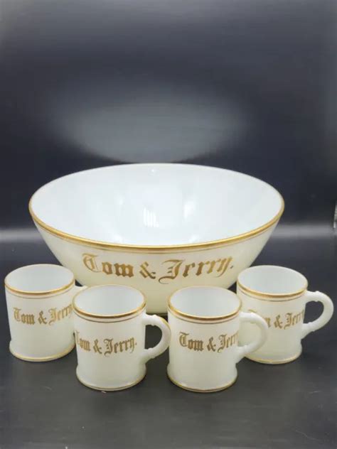 VINTAGE MILK GLASS Tom And Jerry Punch Bowl Set Gold Painted Detailing