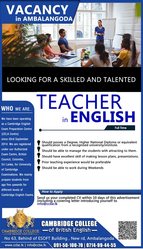 Vacancy For English Teacher Job Vacancy At Cambridge College Of British
