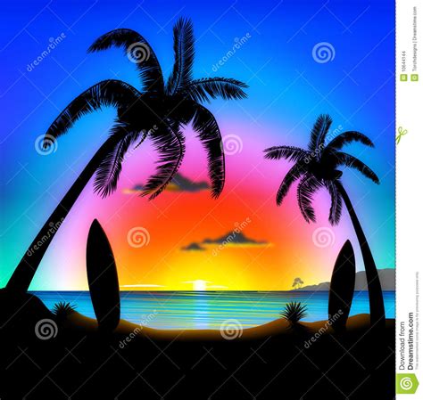 Tropical Beach At Sunset Surfing Illustration Stock Images - Image: 10644144