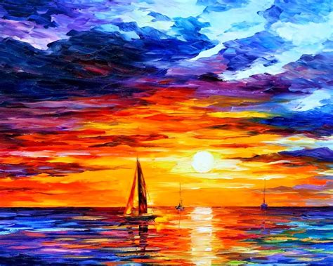 Leonid Afremov Painting Colorful Boat Sea Sunset Wallpapers Hd