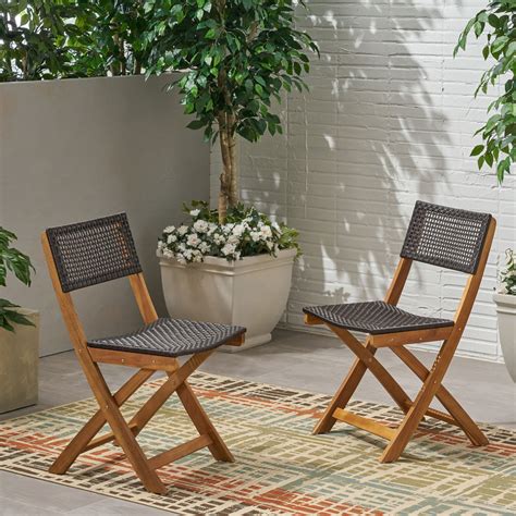 Truda Outdoor Acacia Wood Foldable Bistro Chairs With Wicker Seating