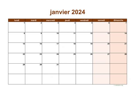 Calendrier Janvier 2024