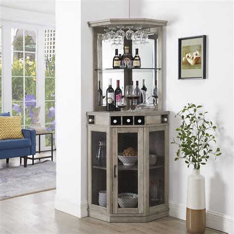 gramercy way stone grey corner bar unit with built in wine rack and lower cabinet